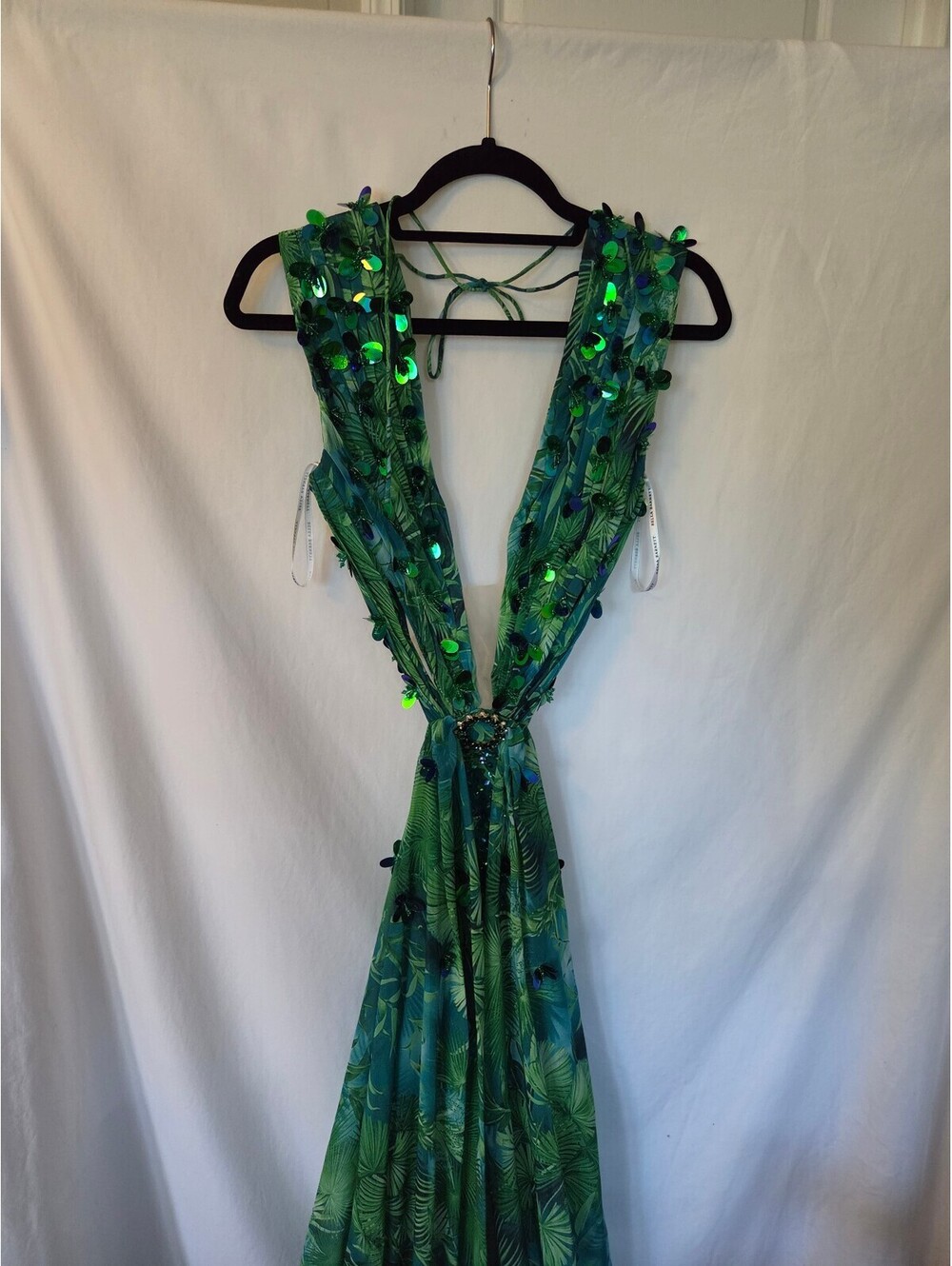 Bella Barnett L Green Tropical Sequin Rhinestone Maxi Dress NWT Plunge Backless